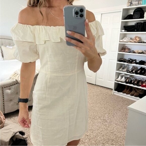 H&M Ivory Linen Off-Shoulder Mini Dress Size Small | Romantic - Picture 13 of 13